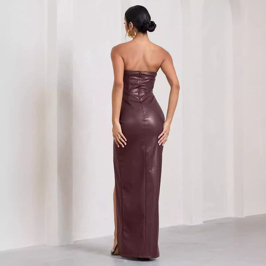 PU Leather Sleeveless Solid Color High Slit Maxi Tube Top Dress