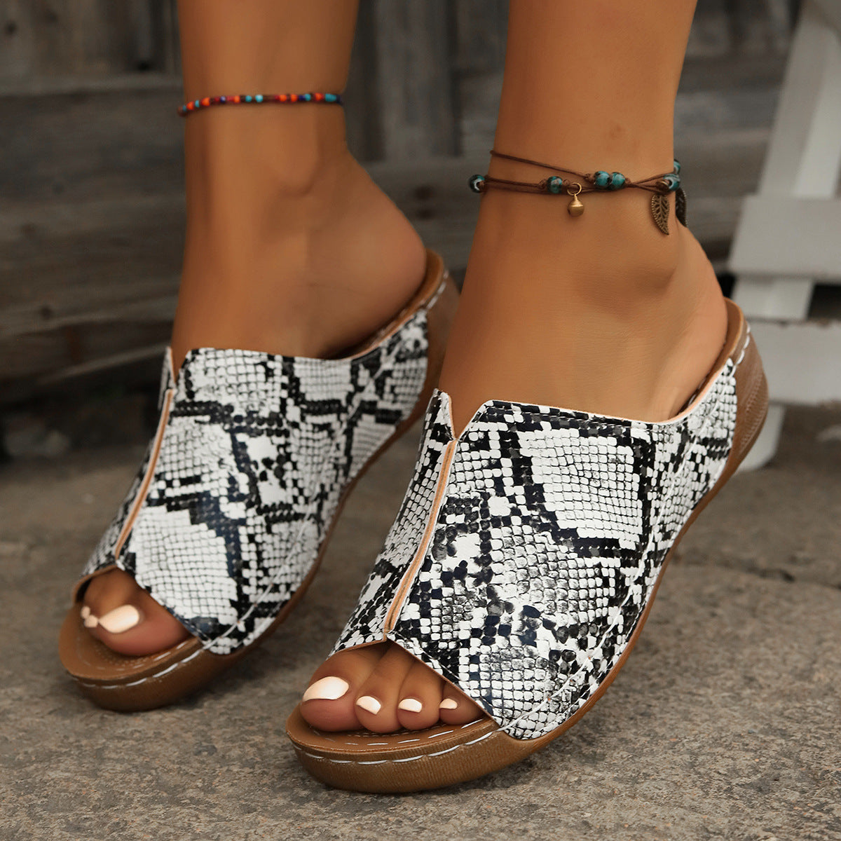 Snake/Leopard/Geometric Print Flat Women's Open Toe Wedge Sandals
