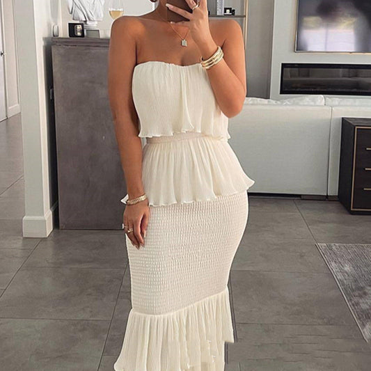 Tiered Sleeveless Smocked Pleated Ruffled Maxi Tube Top Dress