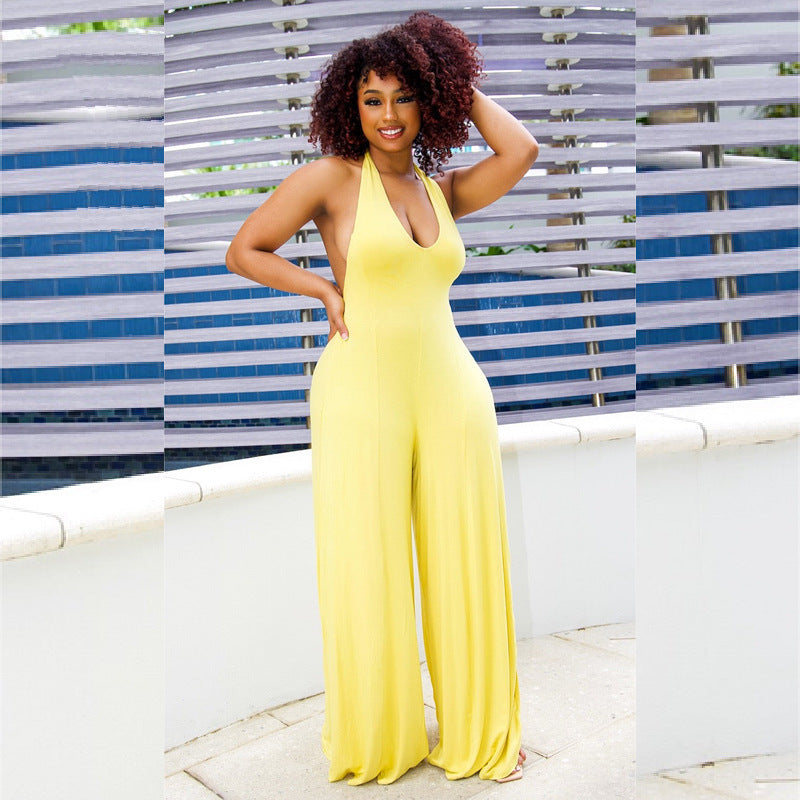 Sleeveless Halter Neck Backless V-Neck Solid Color Women's Wide Leg Jumpsuit to 5X Plus Size