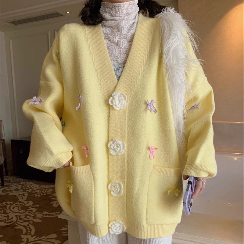 Bowknot Flower Embroidered Oversized Knitted Cardigan Women's Sweater