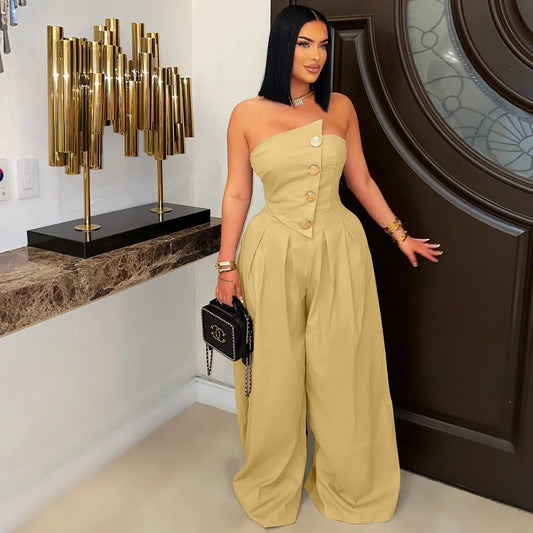 Tube Top Sleeveless Metal Button Design Women's Wide Leg Jumpsuit