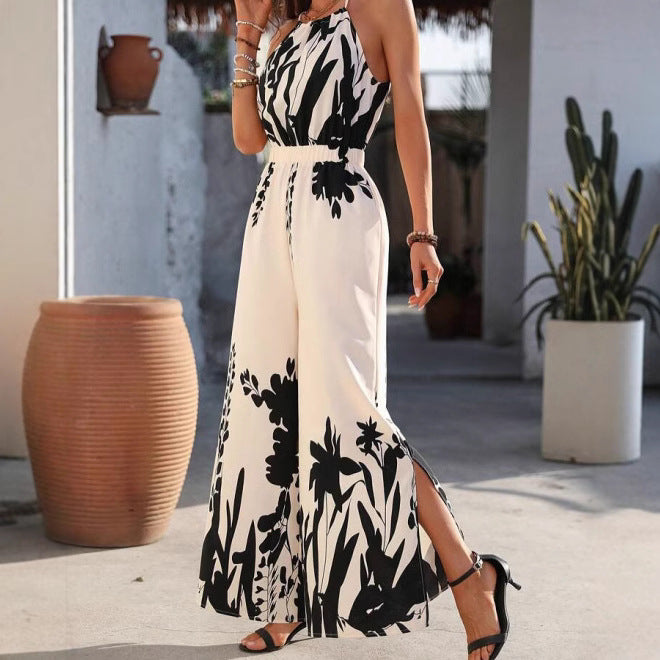 Sleeveless Black/White Floral Print Women's Spaghetti Strap Wide Leg Jumpsuit