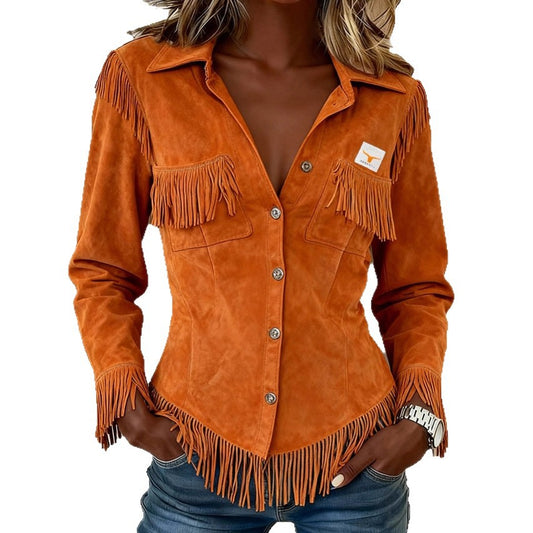 Orange Western Suede Velvet Tassel Fringe Design Long Sleeve Women's Rodeo Shirt