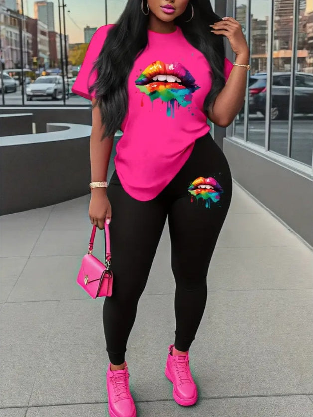 Hot Pink Rainbow Paint Drip Lip Print Women's O-Neck T-Shirt + Leggings 2-Piece Set