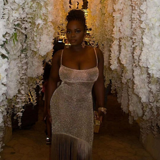 Sparkling Glitter Tassel Fringe Detail Spaghetti Strap Sling Dress