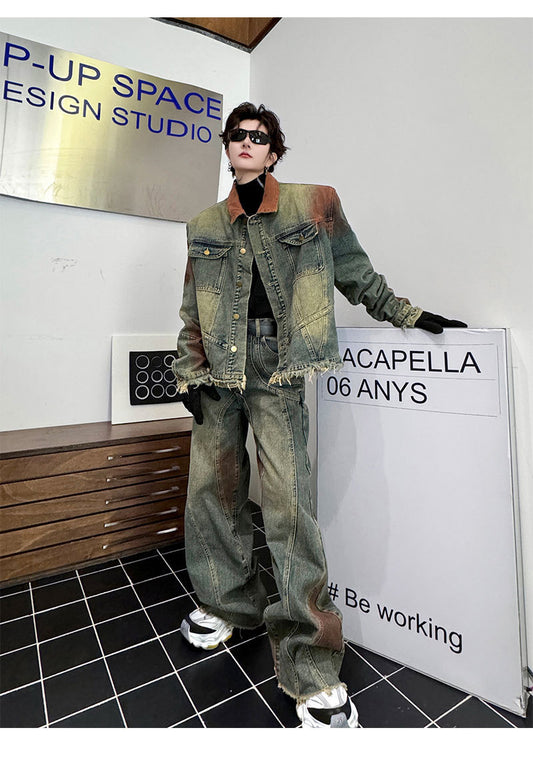 Men's Faded Denim Colorblock Jean Jacket + Wide Leg Loose Jeans Set