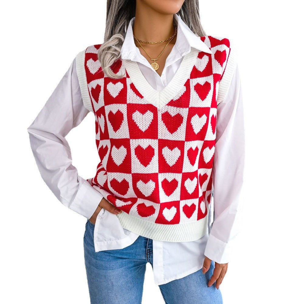 Preppy Colorblock Heart Print Women's V-Neck Knitted Sweater Vest