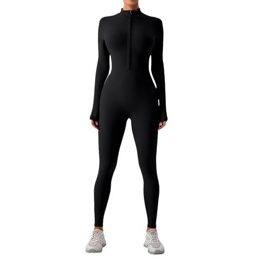 Fleece Lined Yoga Long Sleeve Fitness Zipper Skinny Jumpsuit
