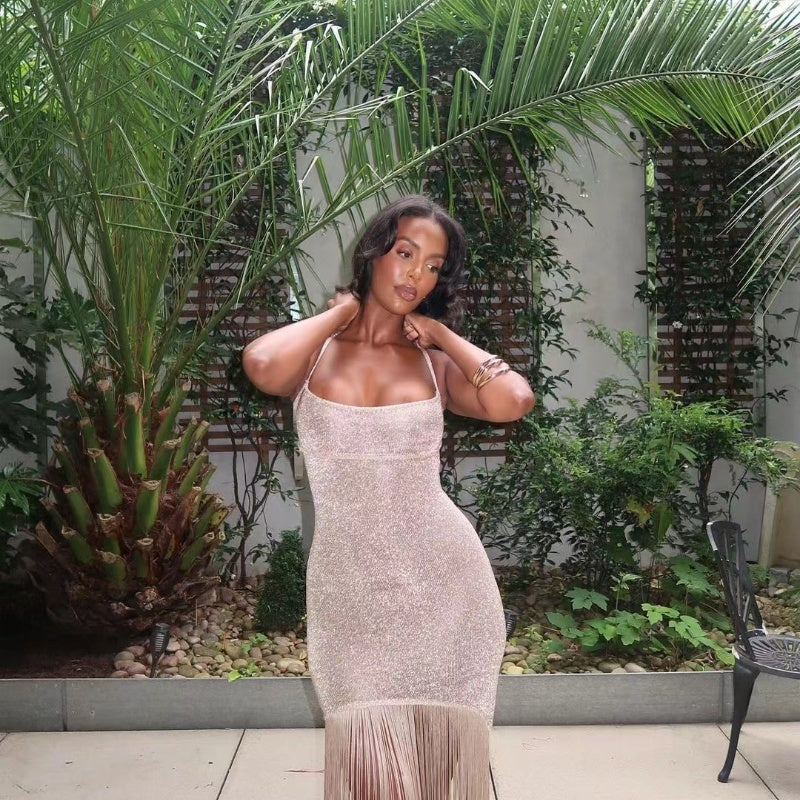 Sparkling Glitter Tassel Fringe Detail Spaghetti Strap Sling Dress