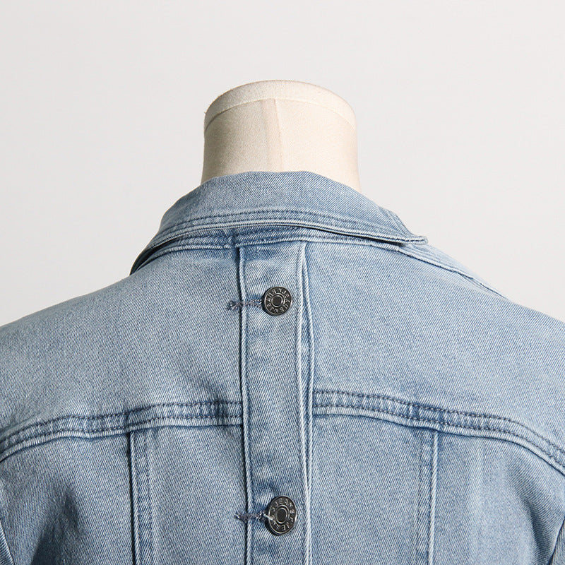 Faded Denim Light Blue Asymmetrical Hollow-Out One Sleeve Women's Irregular Jean Jacket