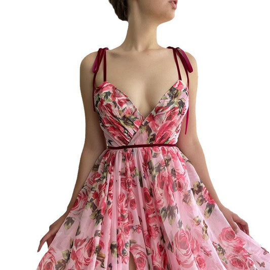 Pink Vintage Flower Print Spaghetti Strap Sleeveless V-Neck High Slit Maxi Dress