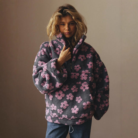 Fleece Lambskin Big Flower Print Pocketed Loose Pullover Long Sleeve Women's Zipper Sweatshirt