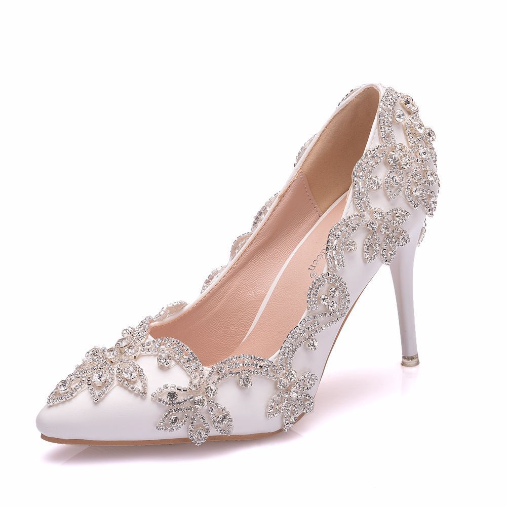 White Rhinestone Silver Metallic Embroidered OR Open Toe Floral Slingback Ankle Strap High Heel Women's Bridal Wedding Pumps & Sandal Pumps
