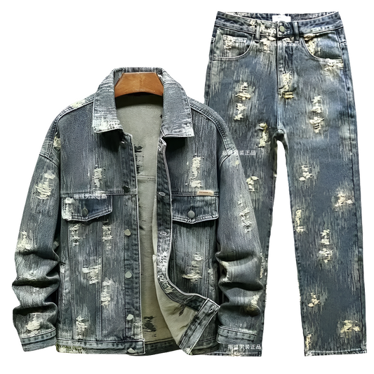 Men's Denim Hole Ripped Pattern Cowboy Jean Jacket + Skinny Jeans 2-Piece Set