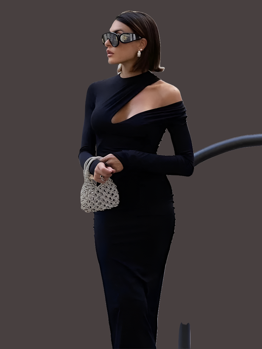 Black Solid Hollow-Out Elastic O-Neck Long Sleeve Skinny Maxi Dress