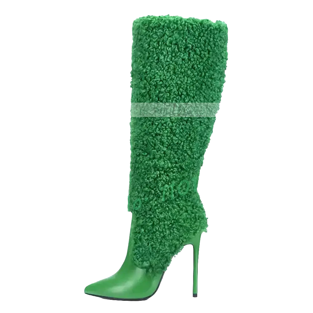 Green Wool Leather Spliced Women's Pointed Toe Stiletto Heel Side Zipper Knee-High Boots