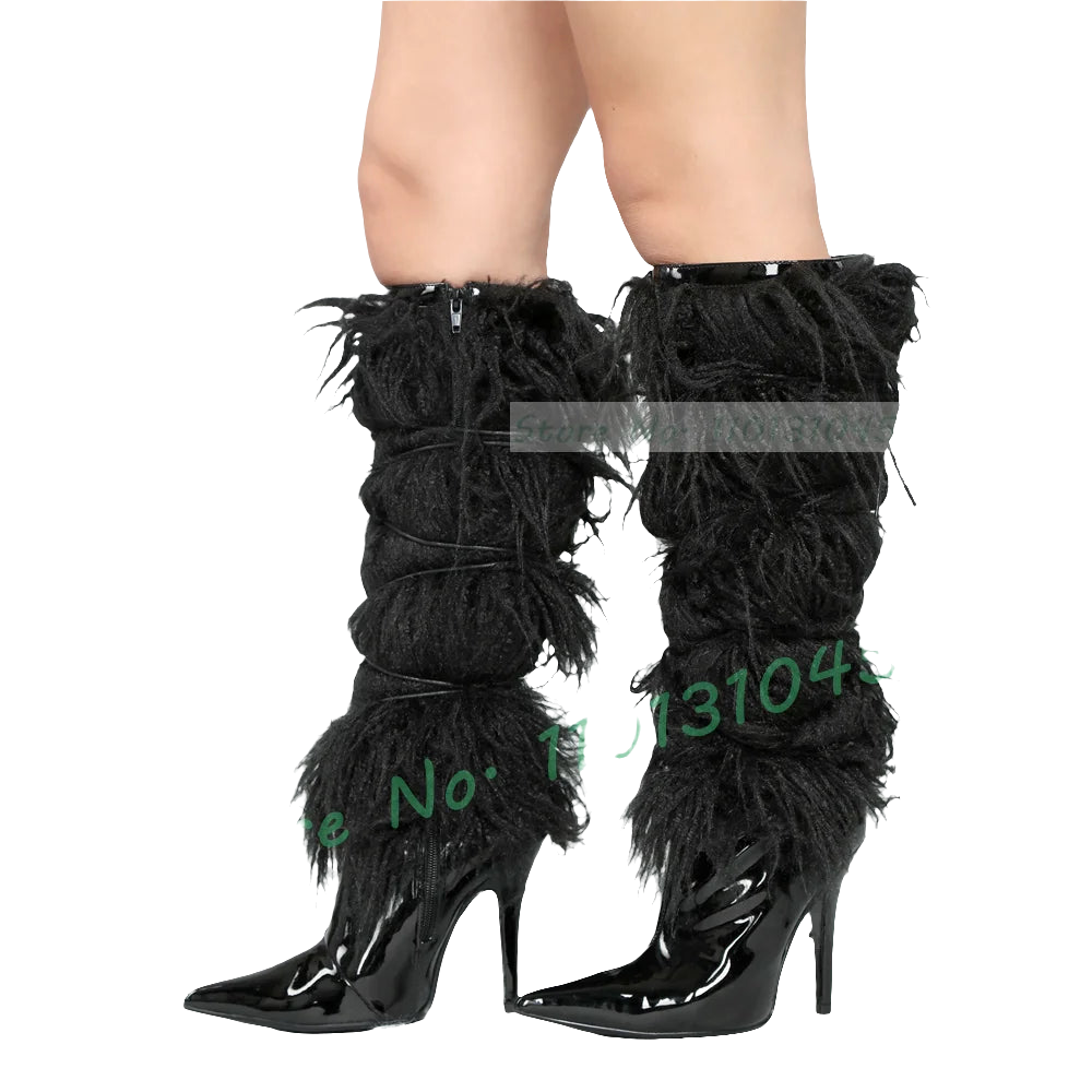 Yellow/Black Patent Leather Curly Faux Fur Women's Pointed Toe Crosstied Knee-High Boots