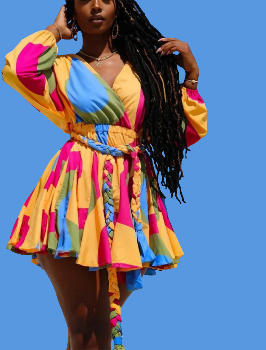 Geometric/Striped Colorblock Multi-Colored Print Long Sleeve Bodycon Pleated V-Neck Mini Dress w/Sash Belt to 5X Plus Size