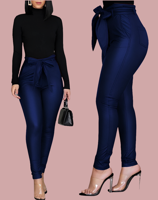 Faux Leather Bowknot Wrap Sash Belt Design Solid Color Women's Pants to 3X Plus Size