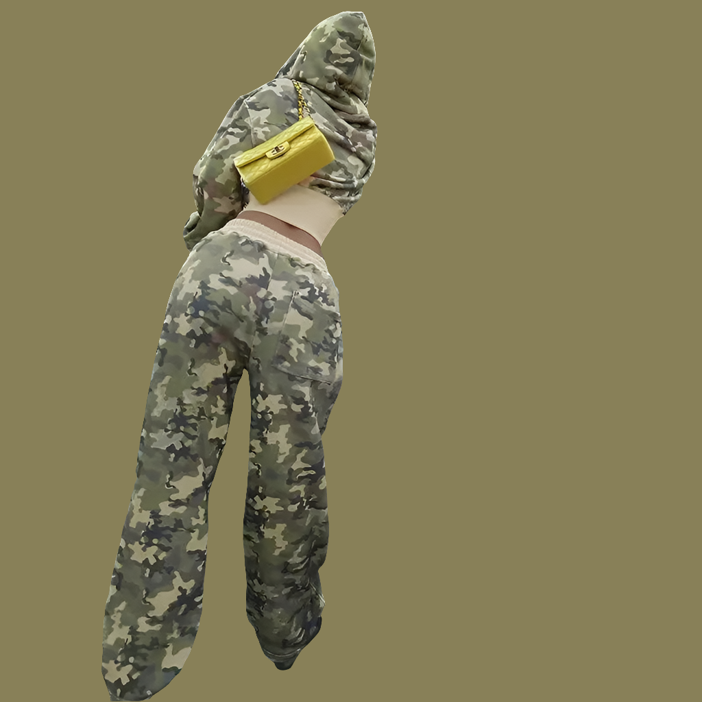 Camoflauge Print Drawstring Women's Zipper Hoodie Jacket + Skinny Elastic Waist Sweatpants Tracksuit