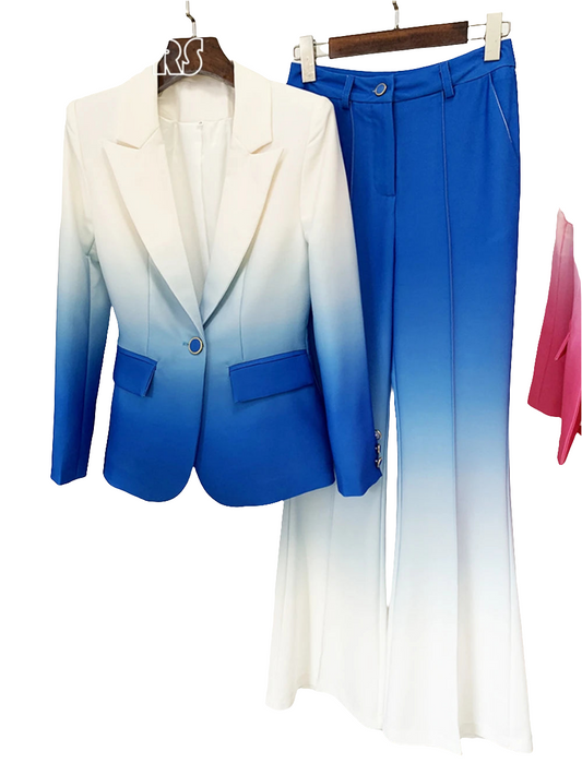 Gradient Colorblock Skinny Notched Women's Single Button Blazer Jacket + Flared Leg Pants Formal Suit