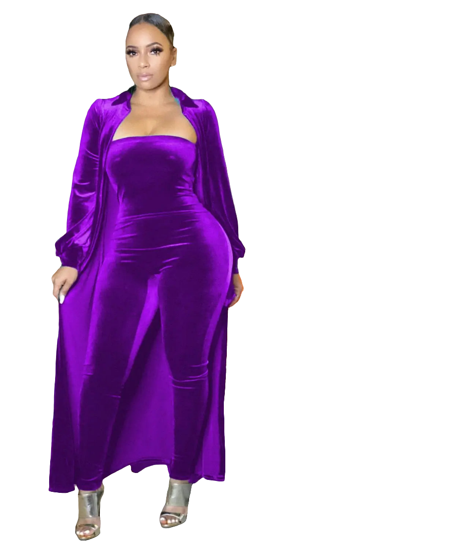 Velvet Solid Color Women's Sleeveless Tube Jumpsuit + Maxi Cardigan 2-Piece Set to 3X Plus Size