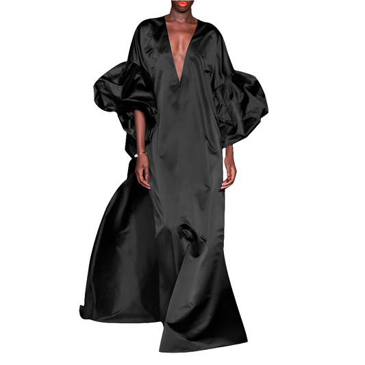 Satin Puff Lantern Sleeve Solid Color Loose Deep V-Neck Bohmeian Maxi Formal Oversized Party Dress to 5X Plus Size