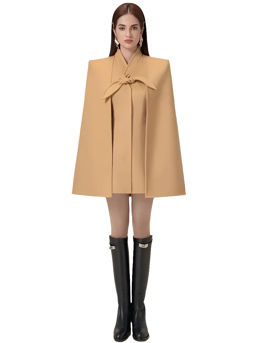 Wool Designer Women's Stand Collar Single Button Cape Style Cloak Coat
