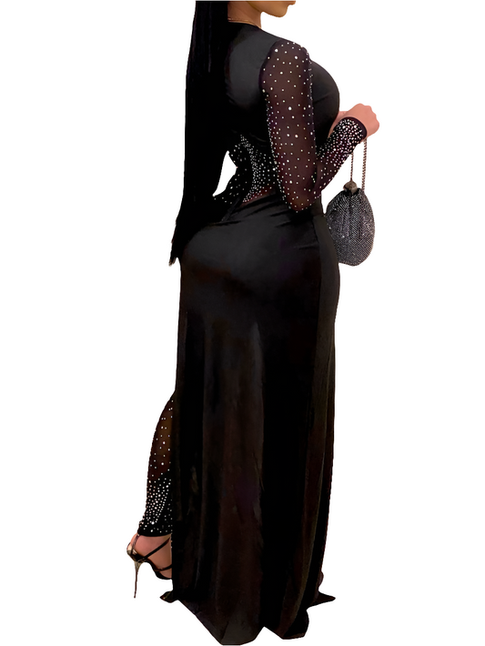 Mesh Rhinestone Irregular Long Sleeve Women's Skinny Jumpsuit