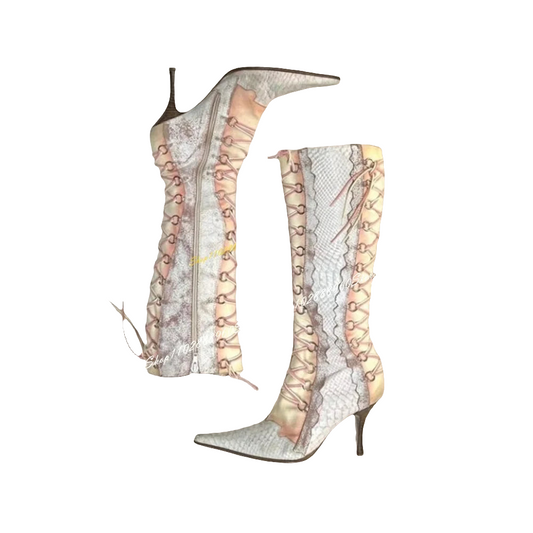 Snake Print Lace-Up Stiletto Heel Women's Side Zipper Pointed Toe Boots
