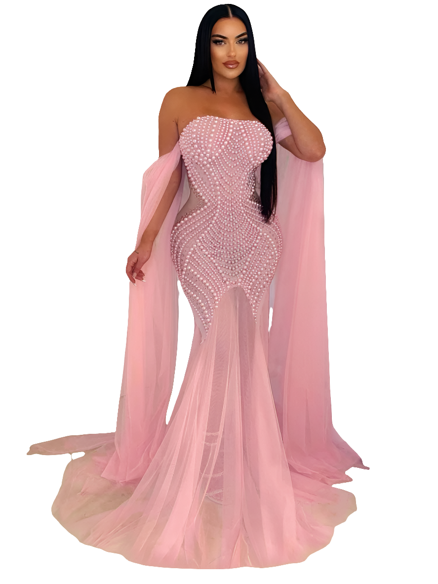 Pearl Strapless Tube Mesh Transparent Backless Maxi Party Evening Mermaid Dress