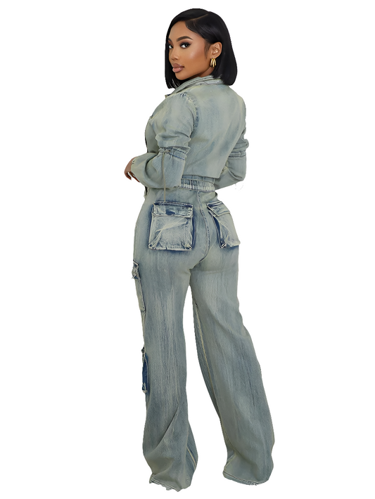 Light Blue Faded Stretch Denim Cropped Long Sleeve Strap Design Skinny Jean Jacket + Streetwear Cargo Multi-Pocketed Jeans 2-Piece Set