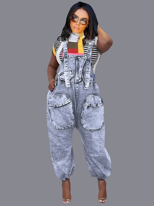 Denim Cargo Pocketed Women's Wide Leg Streetwear Suspender Strap Overall Jeans Jumpsuit