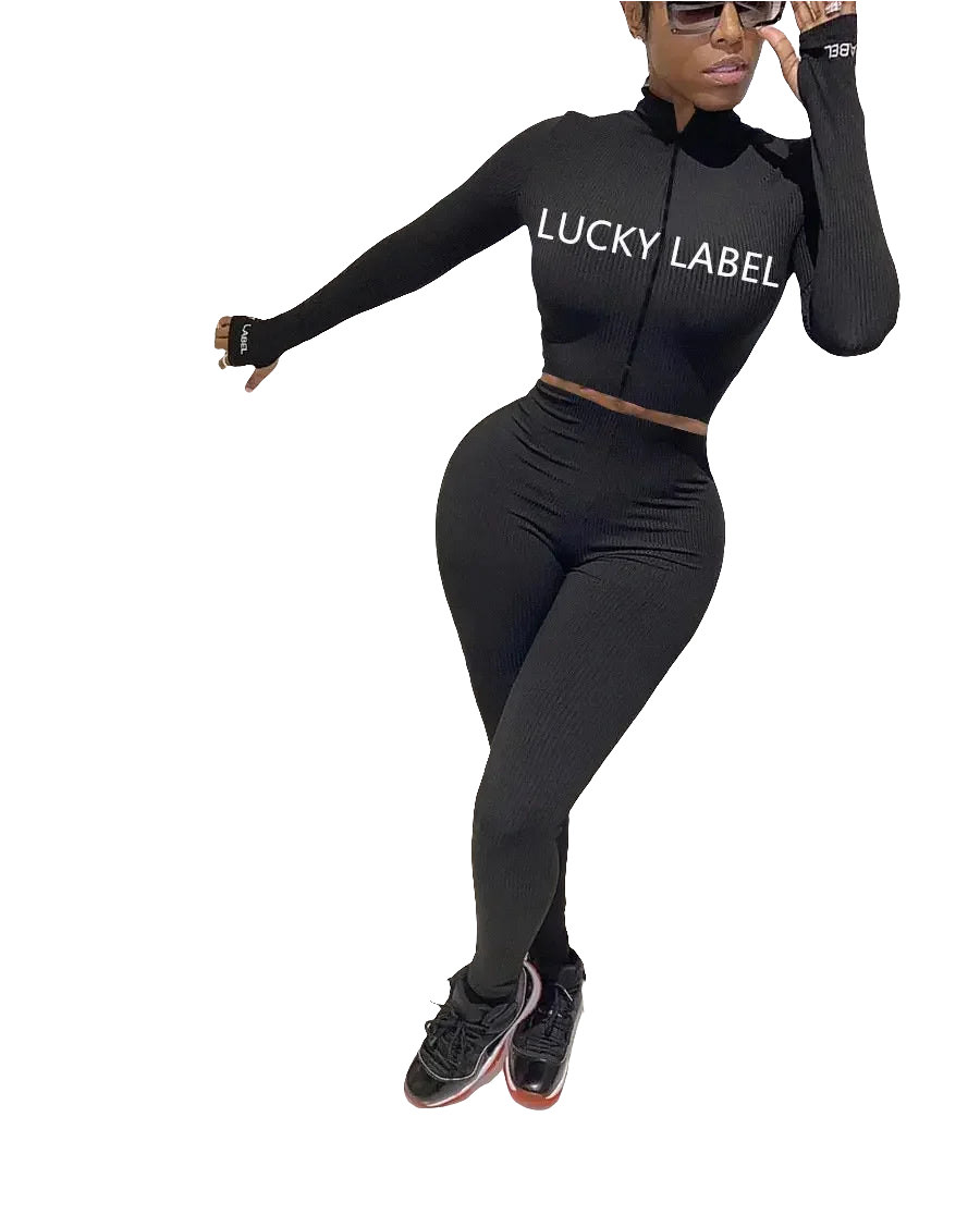"Lucky Label" Embroidered Knitted Women's Long Sleeve Zipper Crop Top + Leggings Tracksuit to 3X Plus Size