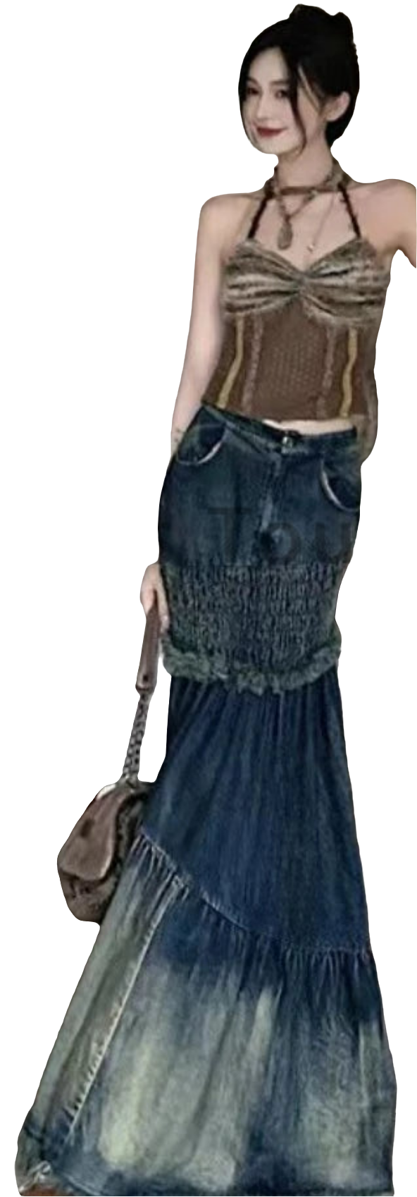 Denim Washed Colorblock Vintage Tassel Fringe Hem Oversized Tiered Ruffled Patchwork Maxi Mermaid Jean Skirt