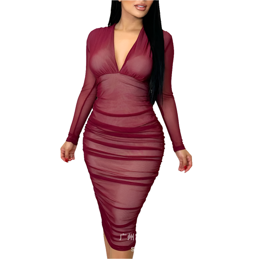 Black/Burgundy Ruched Deep V-Neck Long Sleeve Skinny Wrapped Pleated Formal Party Dress