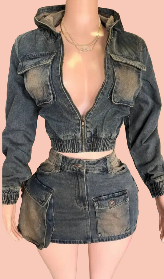 Retro Denim Women's Cargo Pocketed Patchwork Zipper Jacket + Streetwear Mini Jean Skirt 2-Piece Set