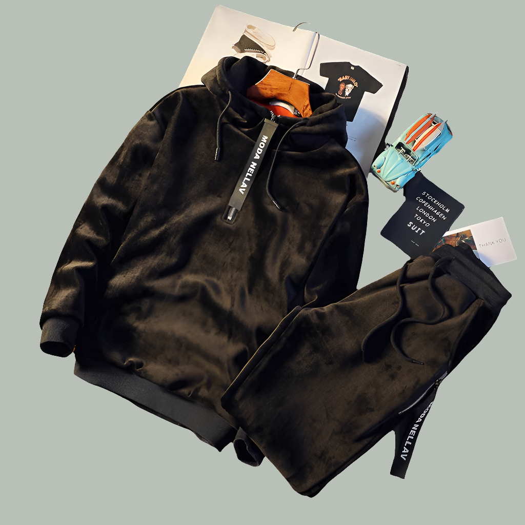 Men's Velvet Reversible Double Sided Solid Color Pullover Drawstring Hoodie Sweatshirt + Sweatpants Tracksuit