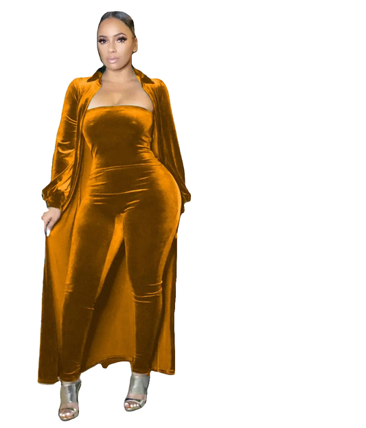 Velvet Solid Color Women's Sleeveless Tube Jumpsuit + Maxi Cardigan 2-Piece Set to 3X Plus Size