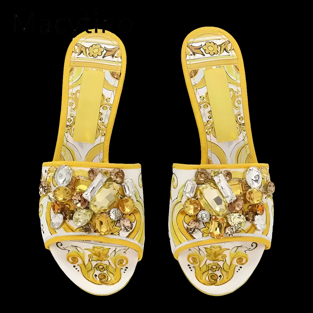 Baroque Print Rhinestone Designer Women's Open Toe Stiletto Slipper Sandals