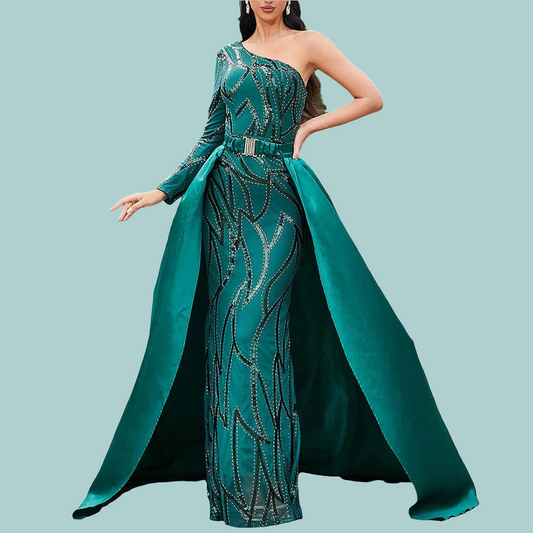 Spliced Layered Asymmetrical Sequined Diagonal Collar One Shoulder Sleeve Patchwork Belt Formal Party Maxi Floor-Length Dress