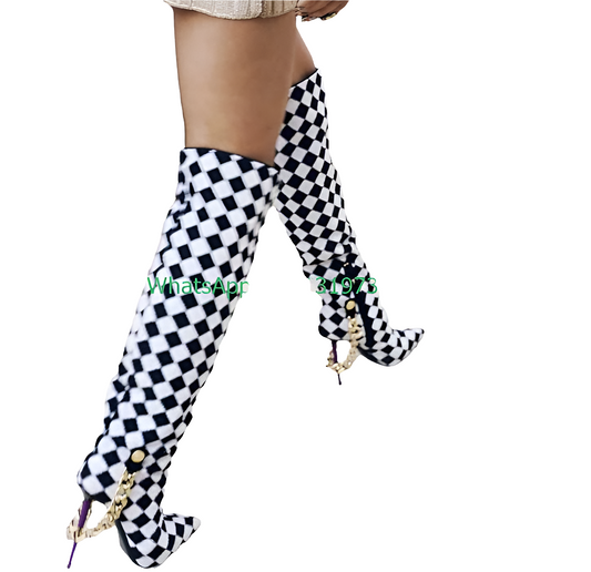 Black/White Checkered Plaid Print Zipper Gold Chain Purple Stiletto Heel Pointed Toe Over-the-Knee Women's Boots