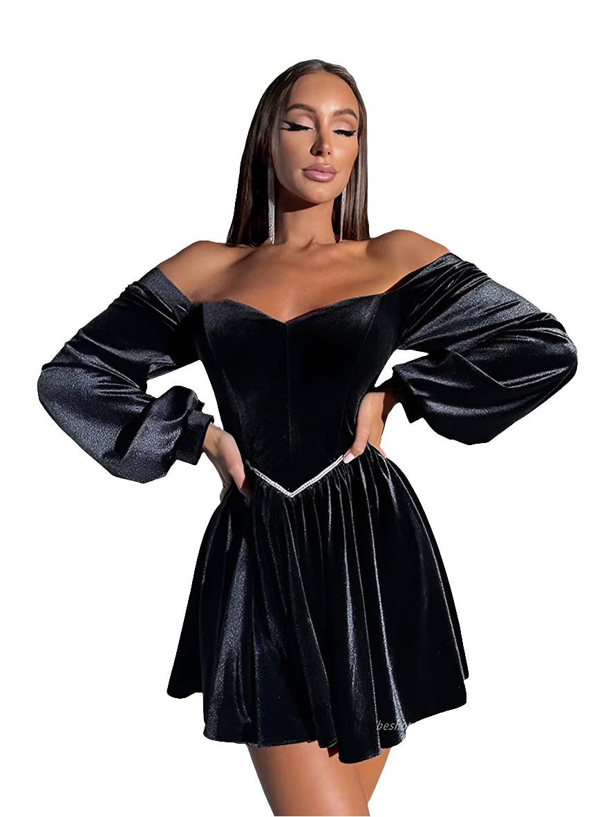 Off-the-Shoulder Velvet Strapless Long Sleeve Bandage Formal Mini Dress