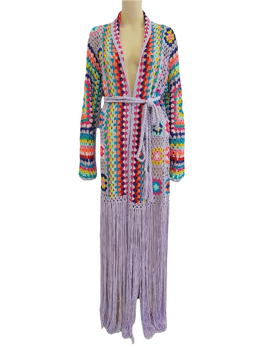 Crochet Rainbow Tassel Fringe Geometric Design African Long Sleeve Maxi Kafka Cardigan Sweater Dress