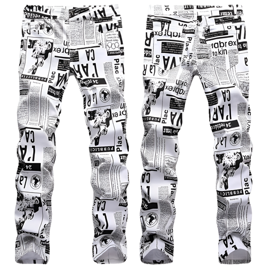 Men's Denim Black & White Newspaper Print Ruched Skinny Jeans
