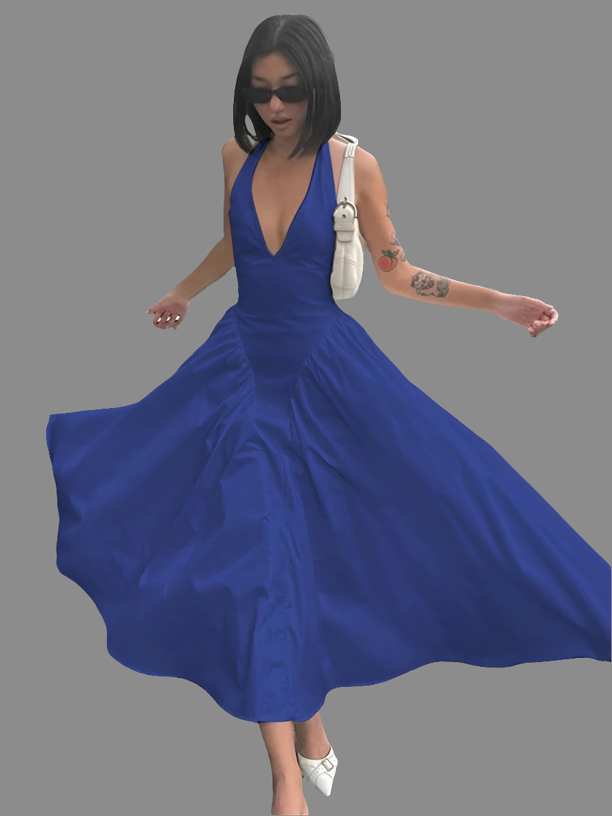 Sleeveless Halter Backless Deep V-Neck Solid Color Big Swing Maxi Dress
