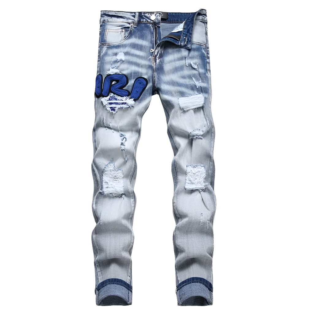 Men's Denim 3D Graffiti Paint Splash Design Washed Distressed Embroidered Stacked Ruched Skinny Jeans