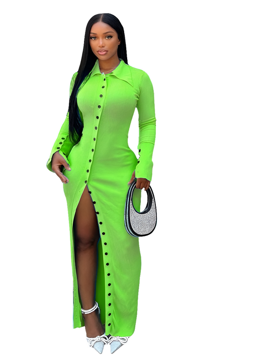 Ribbed Knitted Turn-Down Collar Long Sleeve Button Front Maxi Blouse/Shirt Dress