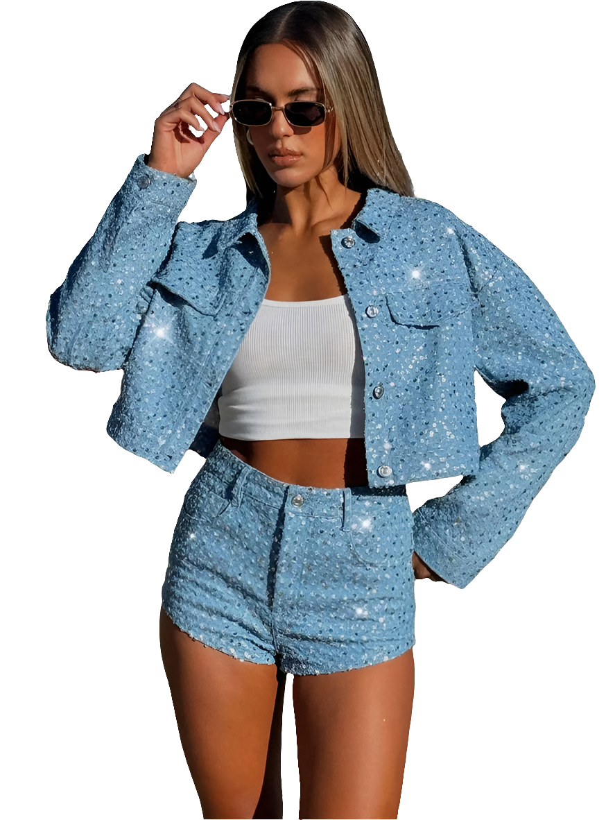 Assorted 2-Piece Sets: Sequined Rhinestone Pocket Design Women's Jeans Jacket/Sleeveless Tube Top & Mini Jean Shorts/Mini Skirt/Jeans 2-Piece Set